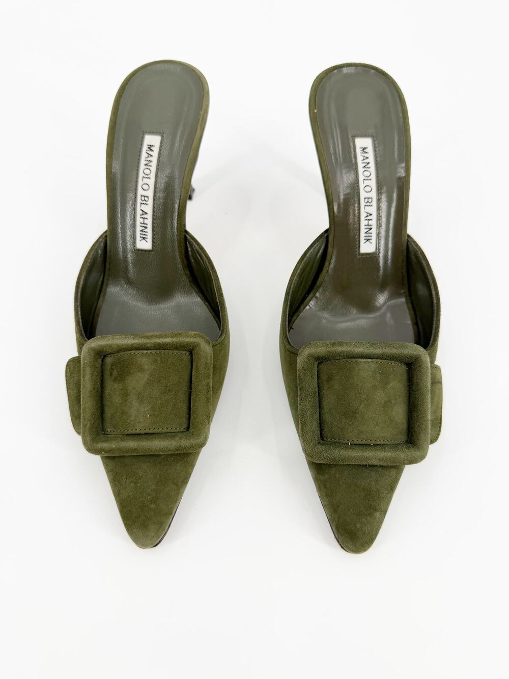 Manolo Blahnik Maysale Dark Green Suede Buckle Pointed Mules Kitten Heel 36 EU